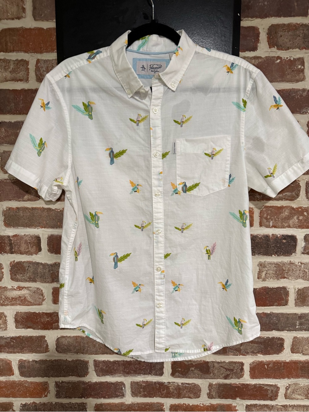 Original Penguin White Short-Sleeve Button-Down with Colorful Bird Print